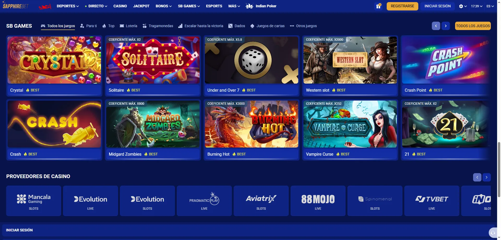 Cat&aacute;logo de slots y juegos de casino en SapphireBet Argentina