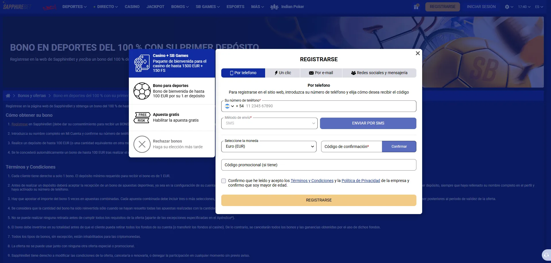 Registro en SapphireBet Casino Argentina para reclamar el bono