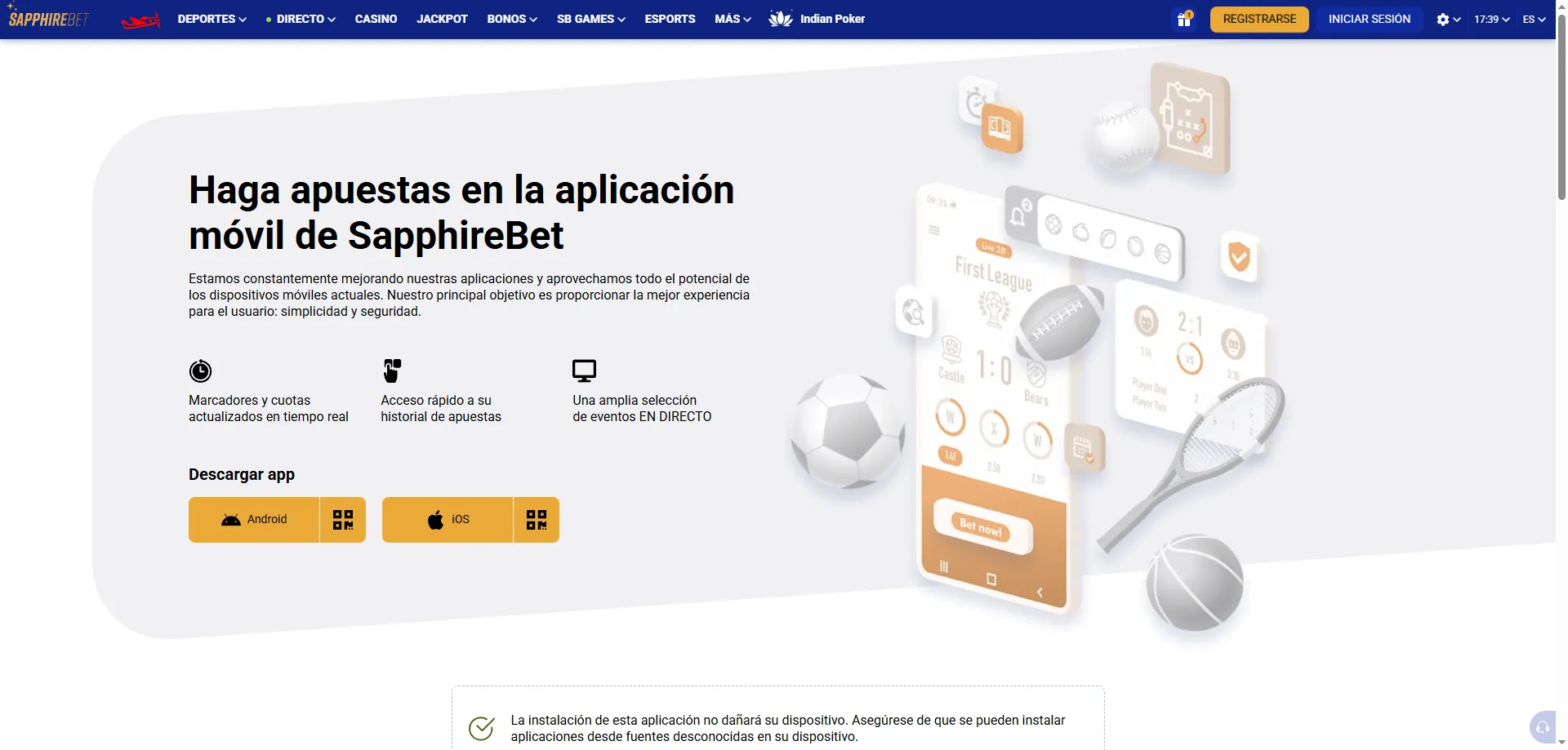 SapphireBet aplicaci&oacute;n m&oacute;vil para iOS y Android sin descarga