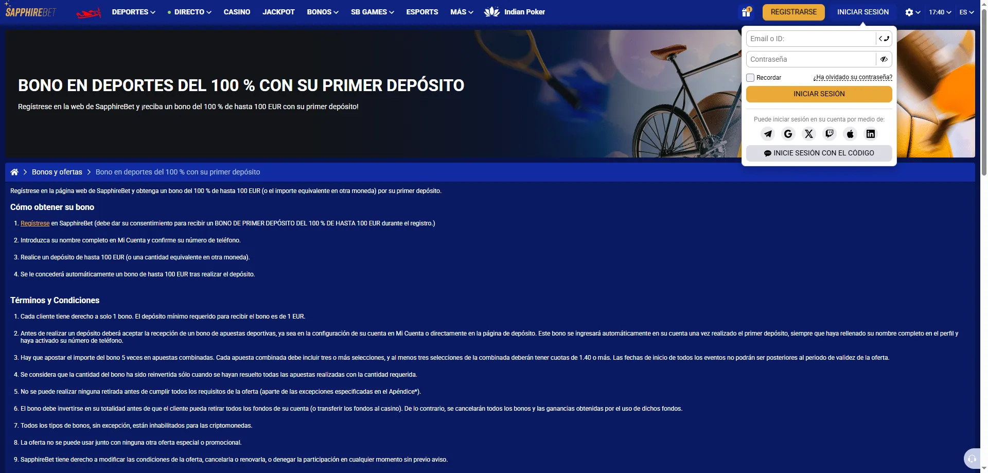 Inicio de sesi&oacute;n y registro en SapphireBet Casino Argentina